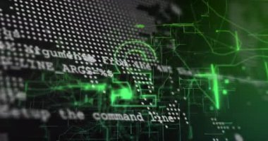 Kablo kodu boyunca yeşil dalgalanma, dünya haritasını ve ağ hatlarını birbirine bağlayan pound işareti. Teknoloji, dijital, fütüristik, engelleme zinciri, finans, siber güvenlik, yenilik