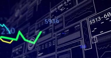 Soldan başlayıp panellere tırmanmaya başlayan yeşil çizgi grafiği ölçümleri takip ediyor. Teknoloji, veri, analitik, gösterge paneli, fütüristik, görselleştirme, dijital