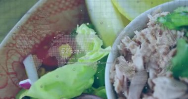 Dijital harita, salata ve ton balığı kaselerinin üzerinde kamera görüntüsü oluşturarak canlı dokuları ortaya çıkarıyor. Sağlıklı, beslenme, tazelik, organik, canlı, aşçılık, biyoteknoloji