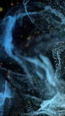 Siyah arka planda hareket eden mavi ve beyaz şekillerin animasyonu. Desen, teknoloji ve dijital arayüz kavramı dijital olarak oluşturulmuş video.