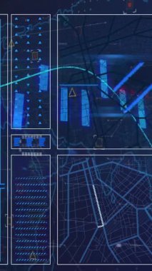 Siyah arkaplanda veri işleme animasyonu. Küresel teknoloji, bilgisayar ve dijital arayüz kavramı dijital olarak oluşturulmuş video.