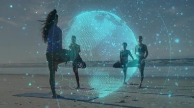 Dört kadın su kenarındaki paspaslar üzerinde poz vererek holografik dünyayı çalıştırıyor. Sağlık, ahenk, farkındalık, rahatlama, doğa, sükunet, bağlantı