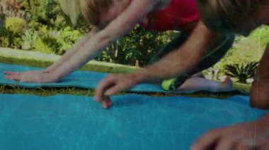 Yoga minderleri üzerinde diz çökmüş bir kadın grubu masanın üstüne oturtuyor ve sağIık için ters köşe yapıyor. Spor, sağlık, uyum, açık hava, hareket, güç, esneklik