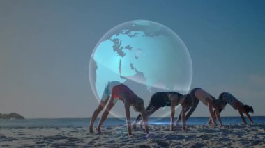 Sahilde aşağı doğru sarkan dört yoga köpeği, şeffaf dünya soluklaşmasını başlatıyor, ışık çizgileri dönüyor. Spor, sağlık, dinginlik, meditasyon, uyum, dijital sanat, minimalizm