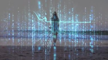 Akşam karanlığında sörf tahtası tutan dişi sörfçü ışıldayan anahtar ana hatlarıyla çağlayan teknoloji akıntıları. Teknoloji, dijital, fütürist, yenilik, okyanus, macera, keşif