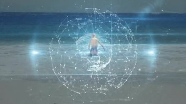 Kıdemli adam dalgalara doğru yürüyor. Teknoloji gösterisinde kollarını kaldırarak gövdenin etrafındaki ağ veri küresini çalıştırıyor. Gelecekçi, yenilikçi, dijital, teknoloji, dinginlik, keşif, bağlantı