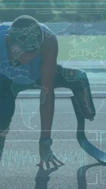 Interface with data processing against african american male athlete with prosthetic leg stretching. Sports technology concept