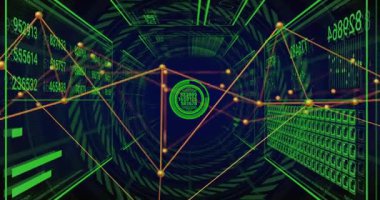 Veri akışını vurgulayan ağ grafiği atım panelleri oluşturan tüneldeki dizi açılışı. Gelecek, teknoloji, dijital, veri, siber, soyut, ağ