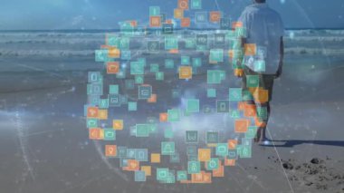 Holografik küre, plajın yanından çıplak ayakla geçen insanlar gibi teknoloji simgeleri sergiliyor. Fütürist, dijital, yenilik, sükunet, keşif, ağ, minimalizm