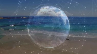 Şebeke görünüyor, 3 boyutlu küre dönüyor ve güneşli plajda gerçek zamanlı veriler gösteriyor. Teknoloji, fütürizm, yenilik, veri görselleştirme, minimalizm, çevre, ağ