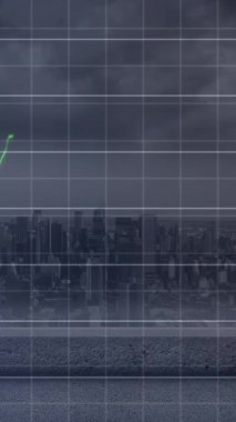 Büyük bir şehre bakan bir balkon. Küresel finans veri işleme ve dijital arayüz konsepti dijital olarak oluşturulmuş video.