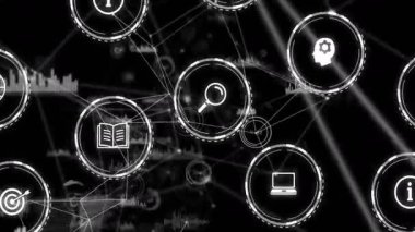 Simgeleri somutlaştıran ve birleştiren beyaz düğümler veri akışını görselleştiren veri ağı oluşturuyorlar. Teknoloji, dijital, siber güvenlik, yenilik, bağlantı, veri görselleştirme, fütüristik