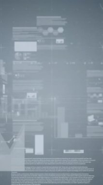 Animation of screens with statistical data processing against grey background. Computer interface and business technology concept