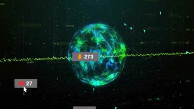 Matrix açılıyor, küre yüzüyor, yönleri döndürüyor uyarı çağırıyor, ölçümleri görselleştiriyor. Futuristik, teknoloji, animasyon, veri, dijital, etkileşimli, ağ