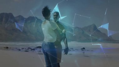 Çift sahilde dönüyor, mavi ağ çizgileri yaratıyor ve 3 boyutlu küre, teknolojik bağlantıyı simgeliyor. Romantik, birlik, fütürist, dijital, manzaralı, canlı, yenilikçi