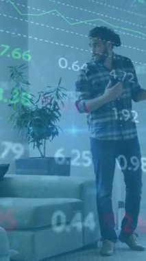 Finansal veriler ve borsa animasyonu modern ofisteki iş toplantısı üzerine. Finans, analitik, takım çalışması, strateji, teknoloji, hisse senetleri