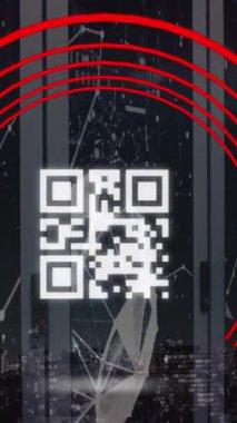 Animation of red semi circles with qr code, network connection against cityscape. Digital composite, multiple exposure, artificial intelligence, accessibility, network security. Identity.