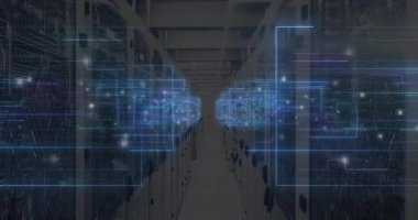 Mavi holografik düğümler sunucu rafları boyunca maddeleşiyor, nabız çizgileri veri akışını görselleştiriyor. Teknoloji, bağlantı, siber güvenlik, veri, fütüristik, dijital, ağ