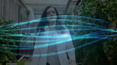 Seraya giren bitki bilimci AR akımlarını etkinleştiriyor ve sağlık kontrolündeki yaprakları analiz ediyor. Botanik, tarım, yenilik, teknoloji, çevre dostu, araştırma, modern