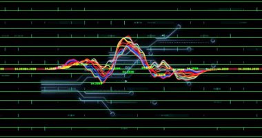 HUD 'nin veri sıkıştırma işlemini vurgulamasıyla dalgalanan taban çizgisi renkli dalga biçimi başlatılıyor. Fütüristik, veri görselleştirme, teknoloji, dijital, soyut, analitik, canlı