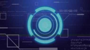 Parlayan cyan HUD görüntüsü ve halkalar yükleme çubuğu ile dönerek teşhis durumunu gösteriyor. Fütürist, sibernetik, teknoloji, arayüz, dijital, tanı, soyut