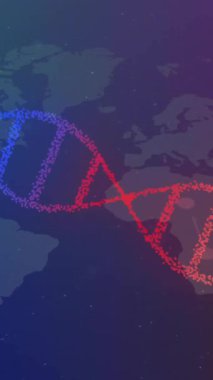 Dünya haritası üzerinde DNA ipliği ve veri işleme animasyonu. Küresel bilim, araştırma, bağlantılar, hesaplama ve veri işleme kavramı dijital olarak oluşturulmuş video.