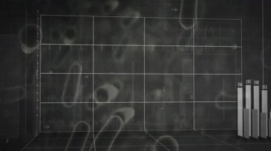 Sürüklenen çubuklar soluyor sonra ızgara ortaya çıkan çubuklar yükselerek ve düşerek veri eğilimlerini görselleştiriyor. Soyut, modern, geleceksel, dijital, teknoloji, analitik, hareket