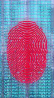 Dijital arayüzdeki kırmızı, mavi ışık ve kodlama ile parmak izi taraması animasyonu. Dijital bileşik, çoklu maruz kalma, yapay zeka, güvenlik, biyometrik, erişilebilirlik, kimlik.