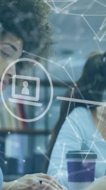 Animation of icons and network of connections over diverse business people in office. Global business, finance, computing and data processing concept digitally generated video.