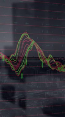 Animation of data processing over modern building and cityscape. Global finances business digital interface and technology concept digitally generated video.
