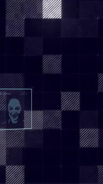 Siyah arkaplanda parlayan kareler üzerinde insanların portreleriyle veri işleme animasyonu. Küresel teknoloji, bağlantılar, hesaplama ve dijital arayüz kavramı dijital olarak oluşturulmuş video.