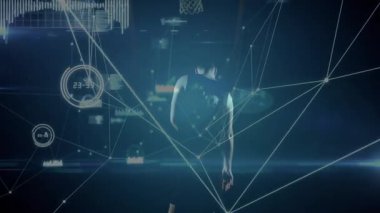 Parlak ağ hatları atlet kayan topun etrafında birleşiyor ve teknoloji kortunda vuruşunu yapıyor. Gelecekçi, dinamik, sürükleyici, yenilikçi, enerji, hareket, teknolojik