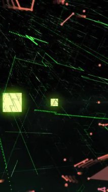 Neon yeşil kare şekillerinin animasyonu, ışık yolları ve siyah arkaplan üzerindeki bağlantı ağı. Araştırma ve bilim teknolojisi kavramı