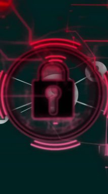 Asma kilit animasyonu, ekranlar üzerinde simgeler ve veri işleme ağları. Dijital olarak oluşturulmuş küresel bağlantılar, hesaplama ve veri işleme kavramı.