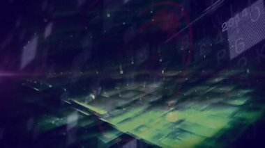 Şeffaf yeşil kareler ortaya çıkıyor. Küpleri birleştiriyor, zaman çizgisi etiketlerini değiştiriyor ve gelişmeleri güncelliyor. Fütürist, dijital manzara, holografik, animasyon, teknoloji, görselleştirme, veri