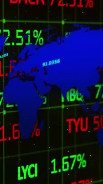Animation of data processing and stock market over world map on black background. Global business and digital interface concept digitally generated video.