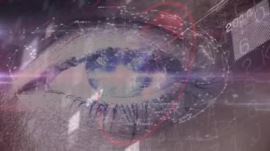 Kırmızı daire göründüğünde, kadın gözü yavaşça açılır ve dünya zaman çizgisini tarar. Fütürist, teknoloji, dijital, arayüz, soyut, siber, yenilik
