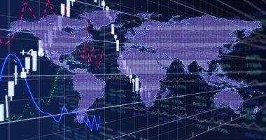 Mor dünya haritası, gösterge paneli ızgarası, şamdan çubukları ve çizgi grafikleriyle gösteriliyor. Coğrafi, analitik, teknoloji, finans, veri görselleştirme, dijital arayüz, fütürist