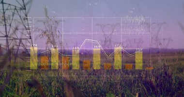 Alacakaranlık gökyüzünün altında altın külçeler ve grafiklerle yarı saydam grafikler gösteriliyor. Soyut, veri, teknoloji, görselleştirme, manzara, enerji, fütürist