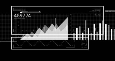 Grafiksel gösterge paneli kontrol arayüzünde gösteriliyor, çizelgeler, sayısal sayaç, zaman damgası. İzleme, analiz, görselleştirme, teknoloji, veri, arayüz, fütürizm