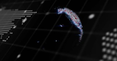 Sanal uzayda parlayan ızgara matris içinde ışık saçan düğümlerle süzülen dijital küre. Fütürist, soyut, teknoloji, veri, görselleştirme, neon, dijital