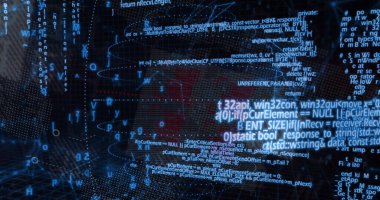 Siber güvenlik gösterge panelinde süzülen kod parlayan kablo örgüsü ve düğümlerle gösteriliyor. Teknoloji, siber güvenlik, dijital, ağ, yenilik, fütürist, veri