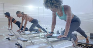 Üç kadın Pilates stüdyosunda yenilikçi makineler ve direniş bantlarıyla ıslah tahtası gösterisi yapıyor. Zindelik, sağlık, egzersiz, güç, duruş, esneklik, modern