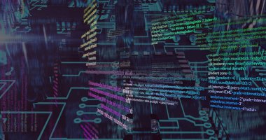 Süzülen 3D kod blokları ve neon devre izleri siber uzayda parlayan veri akışlarıyla sürükleniyorlar. Gelecek, teknoloji, siber, yenilik, dijital, soyut, yüksek teknoloji