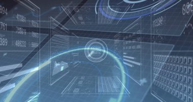 Sanal uzayda parlayan kavisli sayısal ölçümleri gösteren merkezi holografik veri gösterimi. Siber uzay, holografi, veri görselleştirme, fütürizm, dijital arayüz, teknoloji, yenilik