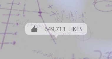 '649,713 LIKES' i gösteren bir uyarı baloncuğu gösteriliyor ve mor arayüz üzerinde başparmak işareti. Dijital, modern, teknoloji, yenilik, veri, analitik, arayüz
