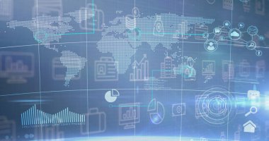 Harita gösterimi kurumsal gösterge panelinde, bar tablosu, klasör, bulut ve büyüteç simgeleriyle gösteriliyor. Teknoloji, yenilik, analitik, görselleştirme, bağlantı, veri, dijital