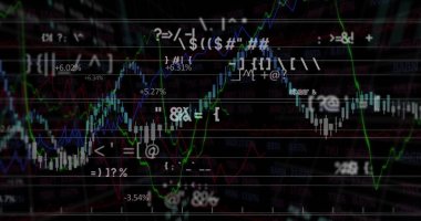 Ticaret terminalinde finans tablosu gösteriliyor, şamdan çubukları yeşil mavi çizgiler ve% etiketler. Finansal, veri, analitik, görselleştirme, teknoloji, dijital, yatırım