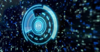 Dönen neon mavisi HUD grafiği. Sanal uzayda sürüklenen piksel bloklarla birlikte 879 okuma görüntüsü. Fütürist, siber, dijital, arayüz, teknoloji, iç içe, soyut