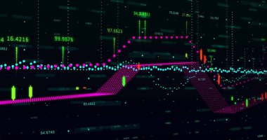 Koyu renkli gösterge panelinde neon veri grafiği gösteriliyor. Üzerinde morumsu yeşil turuncu çizgiler var. Teknoloji, analitik, siber punk, yenilik, dijital arayüz, yüksek teknoloji